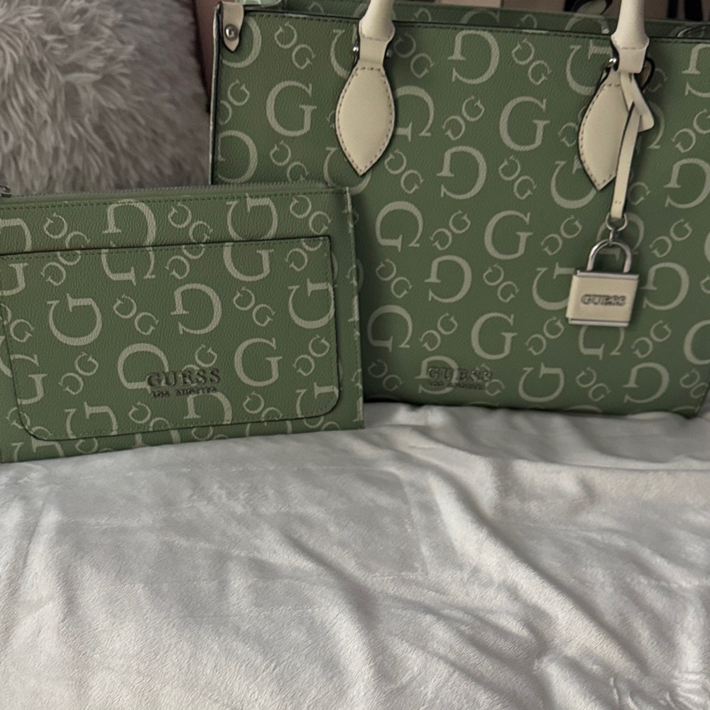GUESS Sage Green Signature Tote with Cream Trim & Matching Wallet